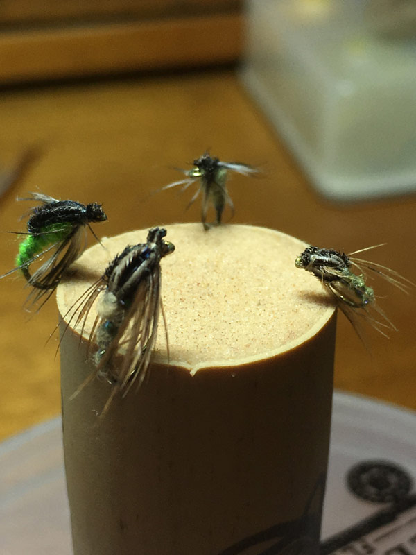 Four CDC caddis larvae hooked into a cork