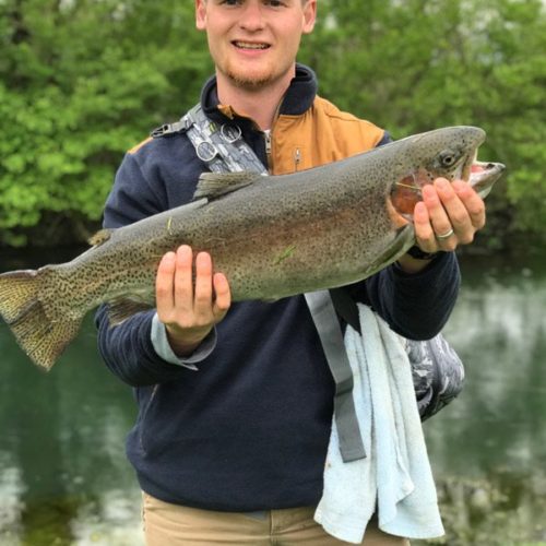 A young male holding a big trout caught in a spring creek in Ohio