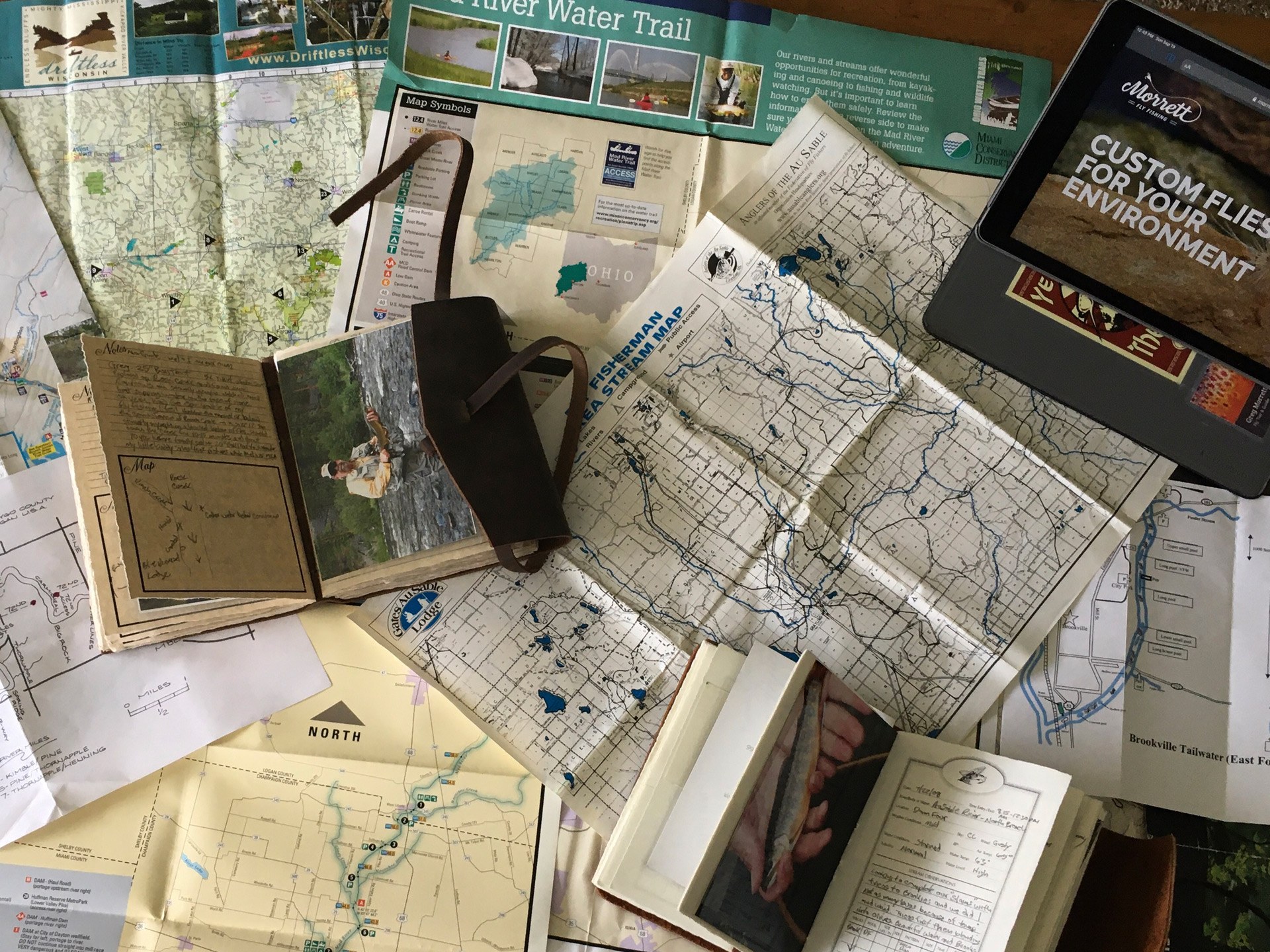 Collage of river maps and fishing trip photos.