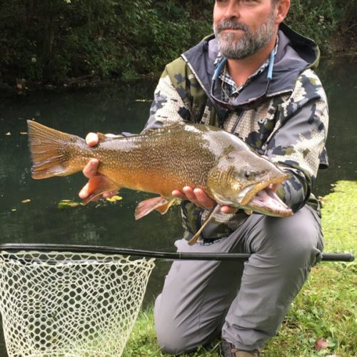 Older man crouched down posing while holding a very large tiger trout