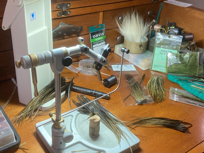 Gathering materials at my fly tying desk